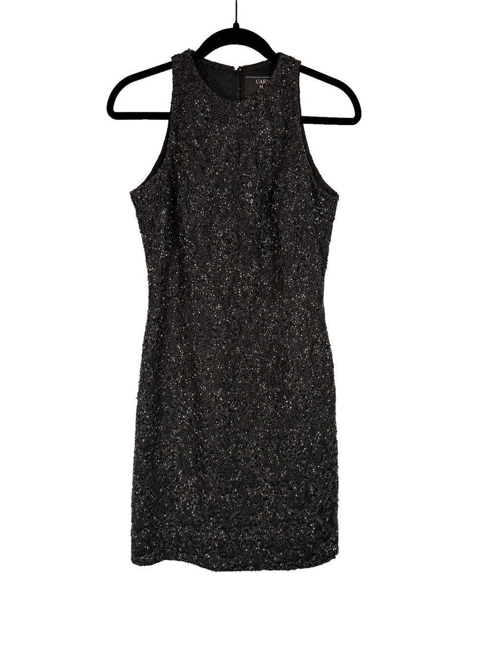 CARMEN MARC VALVO Fully Beaded Embroidered Sheath Dress Black 6 Cocktail LBD